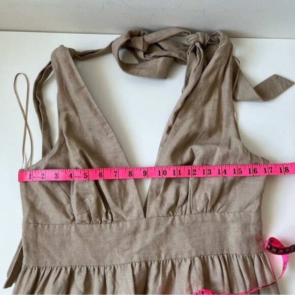 House Of Harlow 1960 Tan Linen Blend Tiered Plunge V Neck Midi Dress Size Medium - Picture 10 of 11